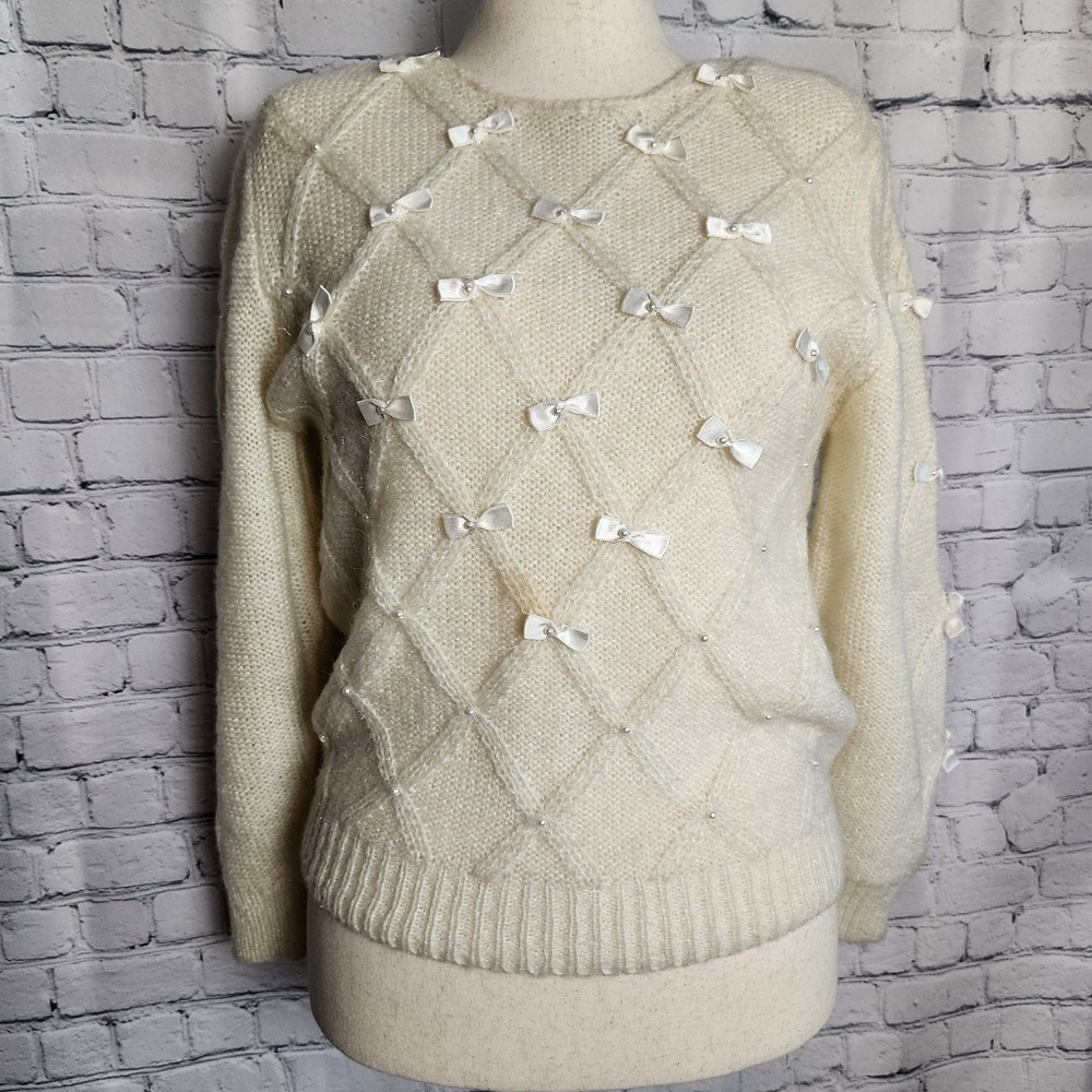 Forindi Vintage 80s Ivory Knit Sweater‎ Miniature Bows Faux Pearl Womens Medium